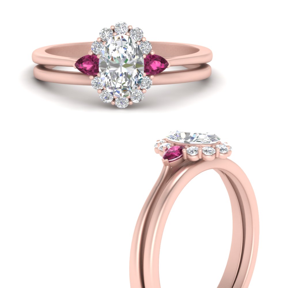 halo Bridal Set 18k Gold Diamond Pink Sapphire Ring 9x7mm