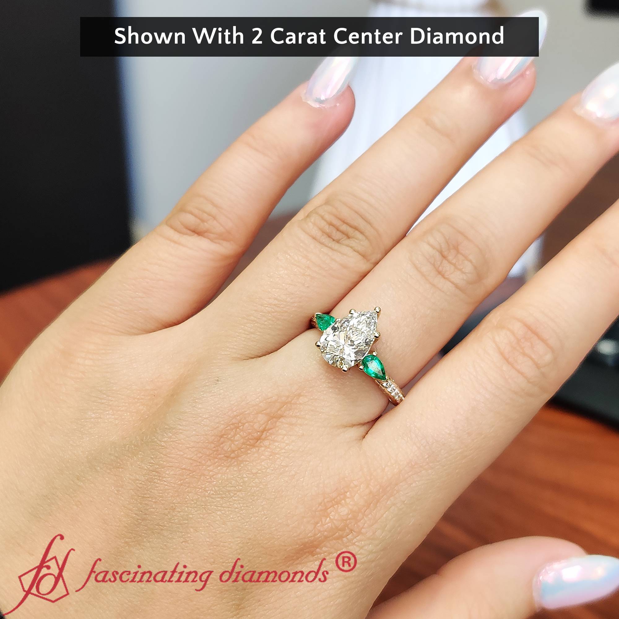 Semi Mount Shaped 2 Carat Pear Shaped Lab Diamond 3 Row Ring with Green Emerald 14K Yellow Gold