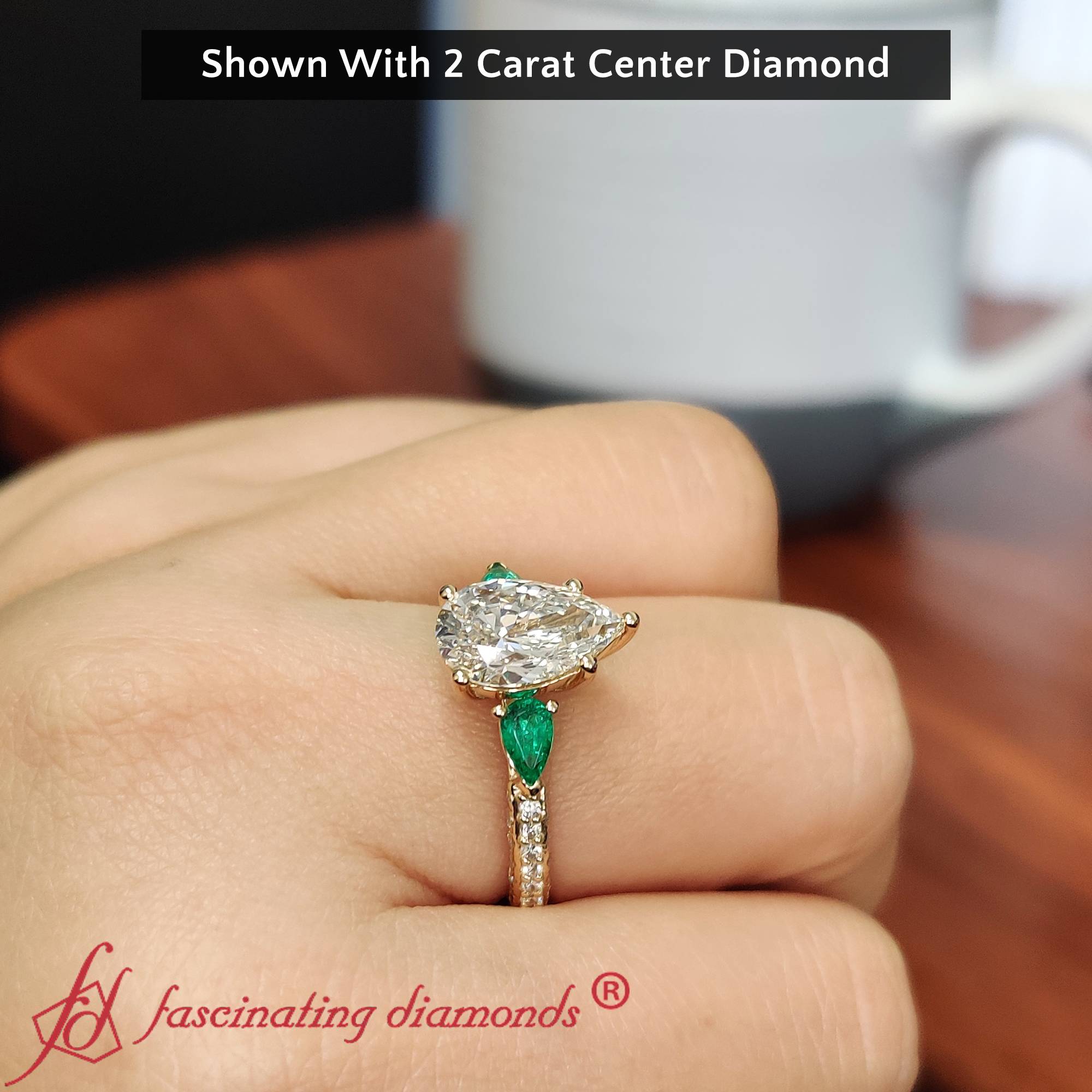 Semi Mount Shaped 2 Carat Pear Shaped Lab Diamond 3 Row Ring with Green Emerald 14K Yellow Gold