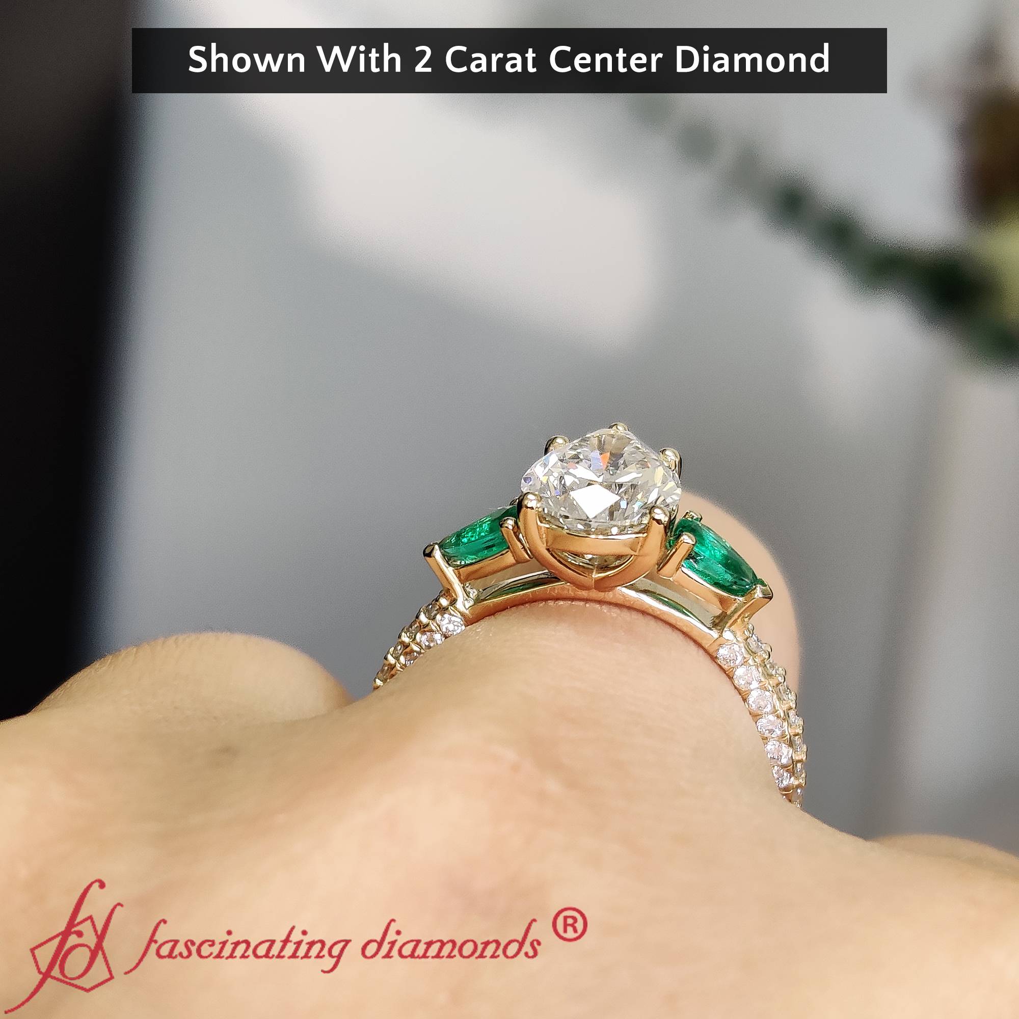 Semi Mount Shaped 2 Carat Pear Shaped Lab Diamond 3 Row Ring with Green Emerald 14K Yellow Gold