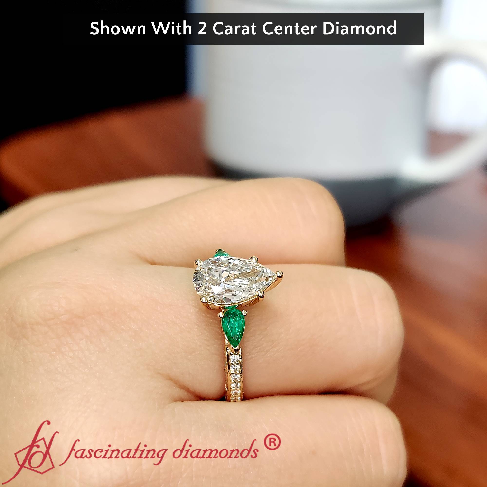 Semi Mount Shaped 2 Carat Pear Shaped Lab Diamond 3 Row Ring with Green Emerald 14K Yellow Gold