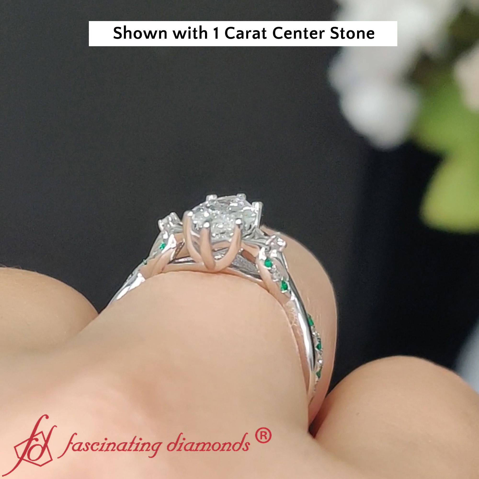 Marquise Cut Diamond Daisy Floral Ring 1 Carat with 14K White Gold Green Emerald