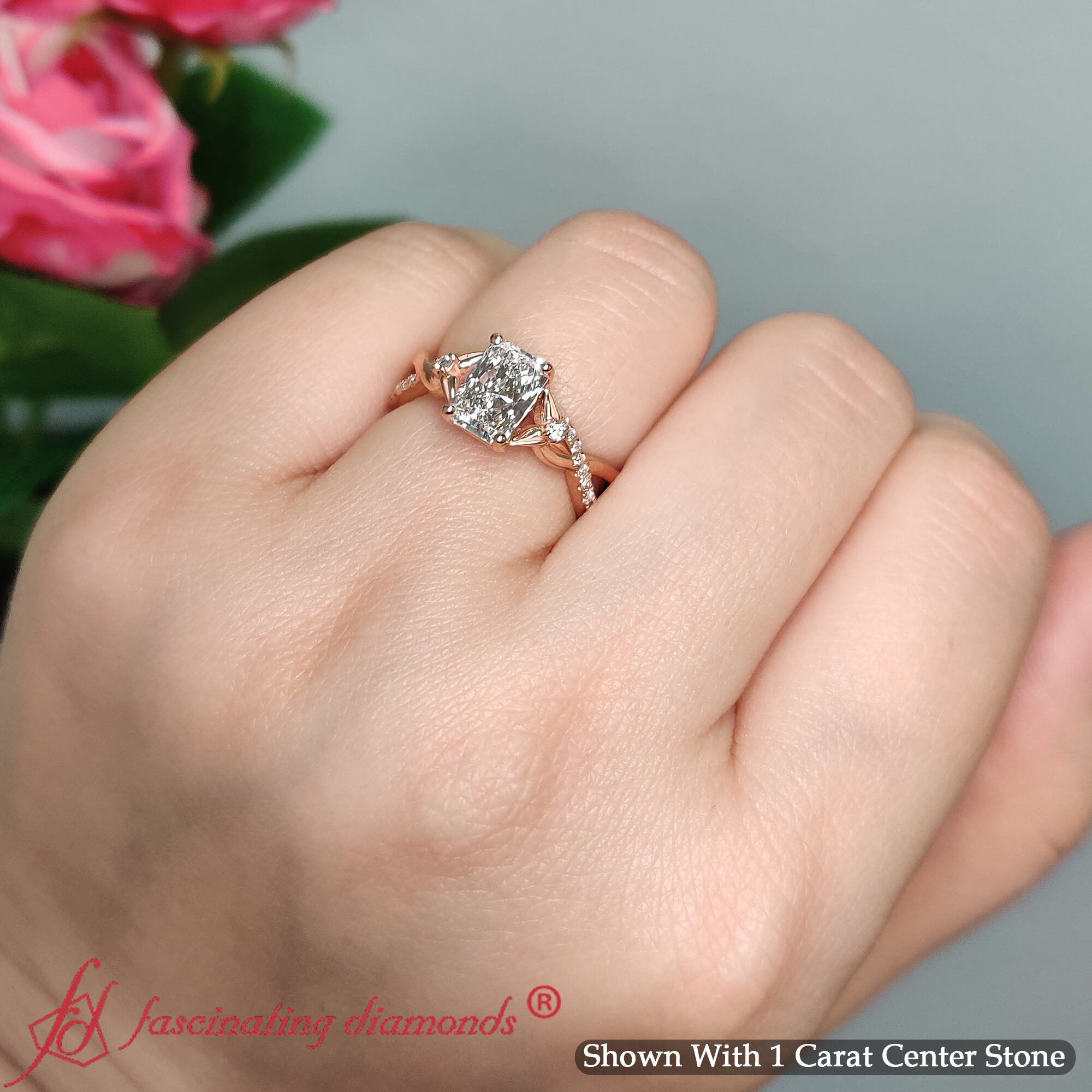 Radiant Shaped Infinity Daisy Floral Engagement Ring with White Diamond in 14K Rose Gold