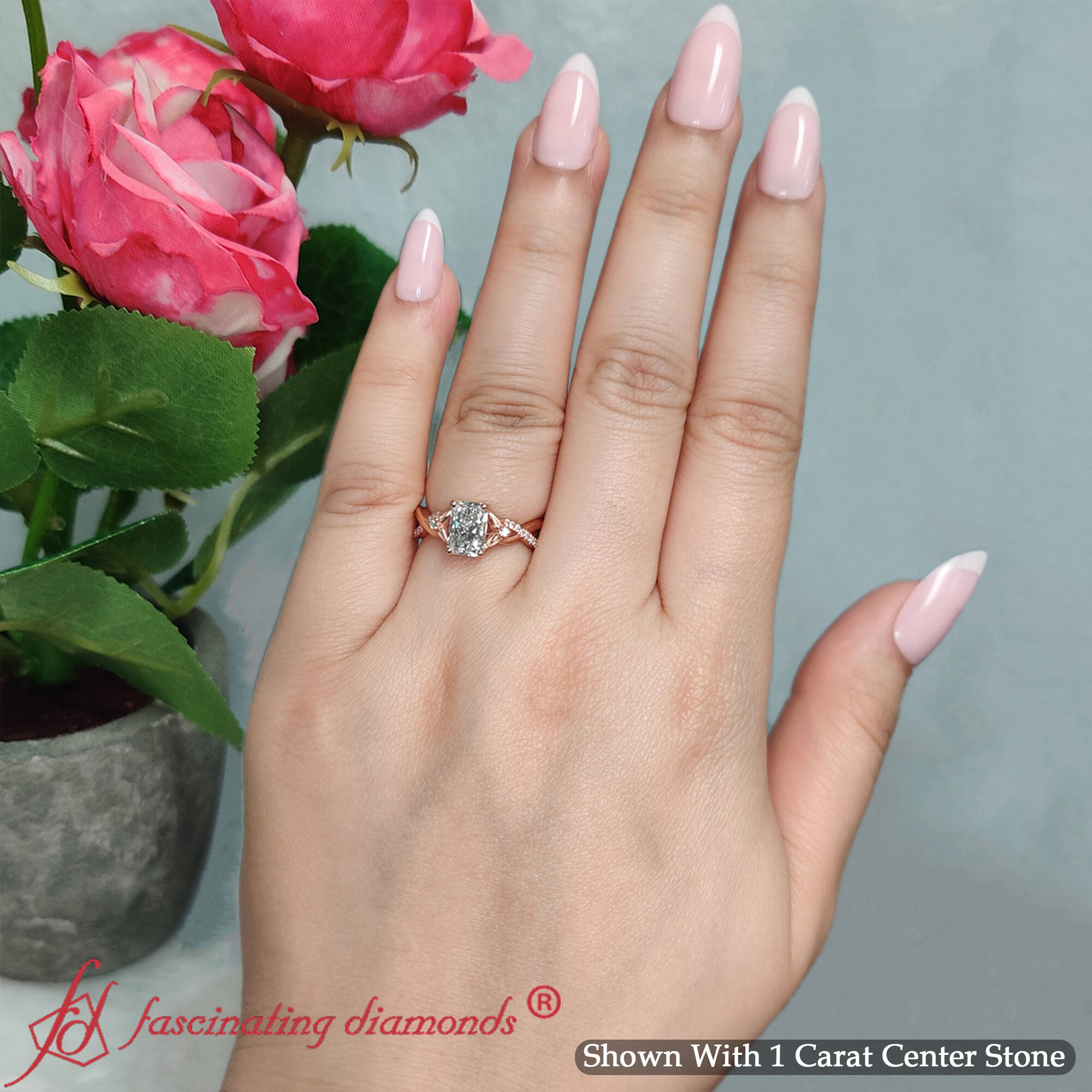 Radiant Shaped Infinity Daisy Floral Engagement Ring with White Diamond in 14K Rose Gold