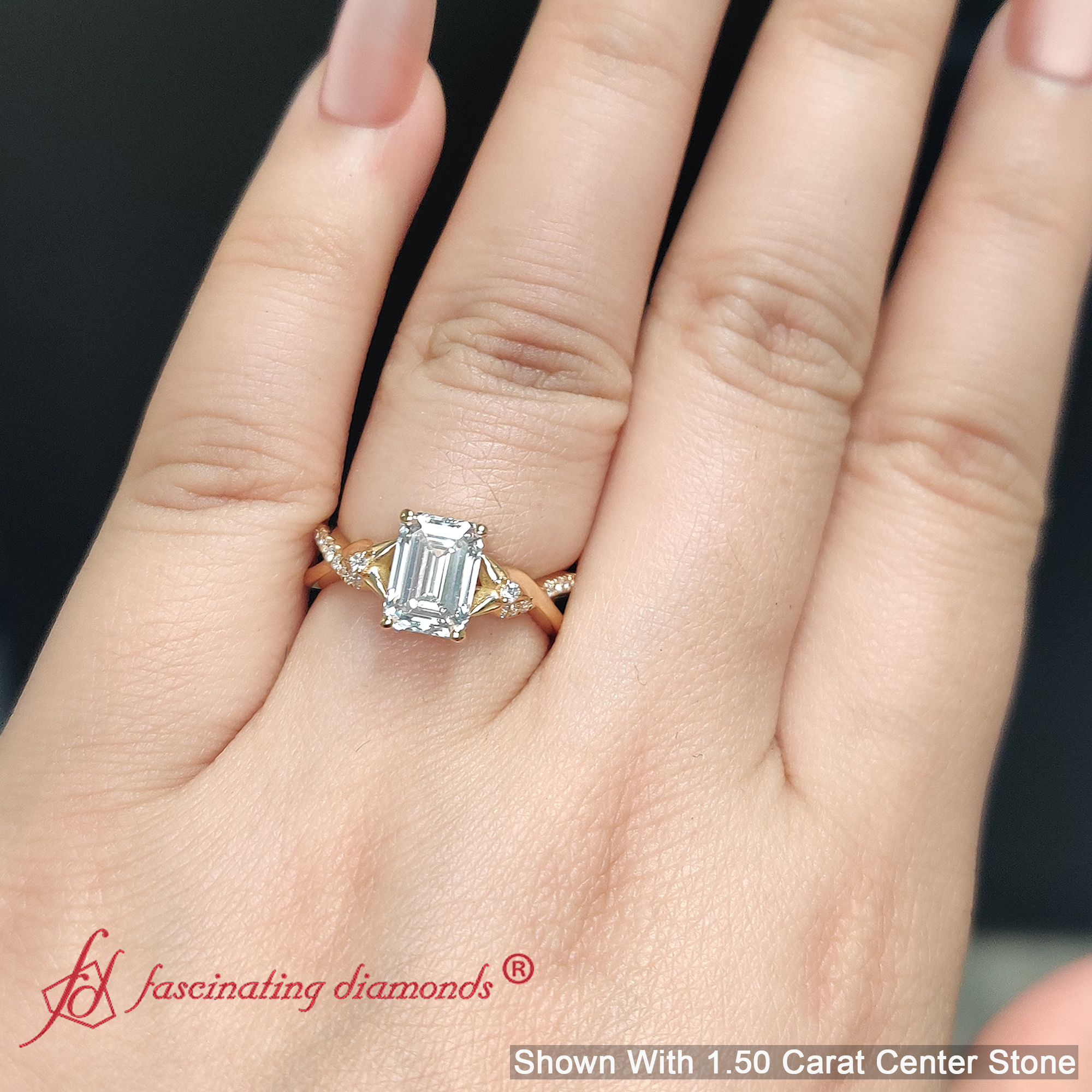 Infinity Style Emerald Cut Wedding Lab Diamond Ring with 18K Yellow Gold White Diamond