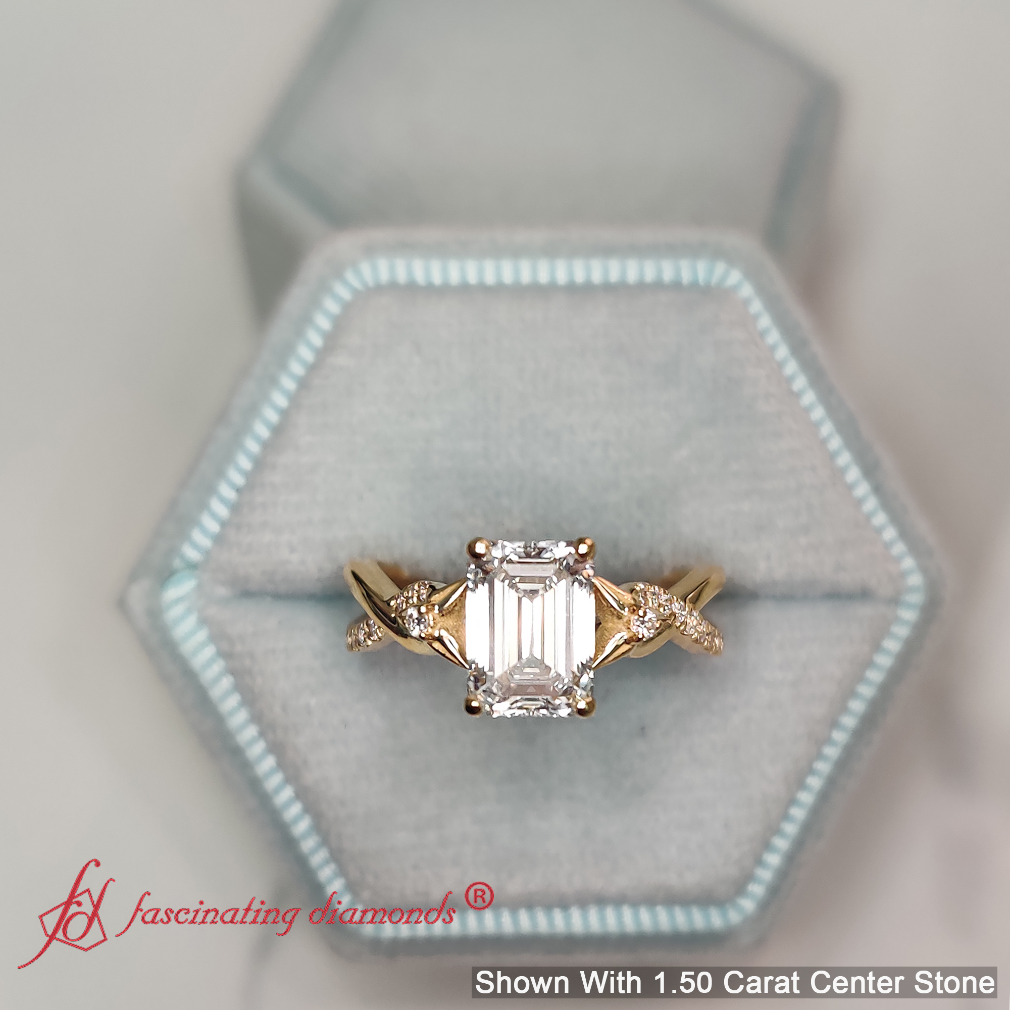 Infinity Style Emerald Cut Wedding Lab Diamond Ring with 18K Yellow Gold White Diamond
