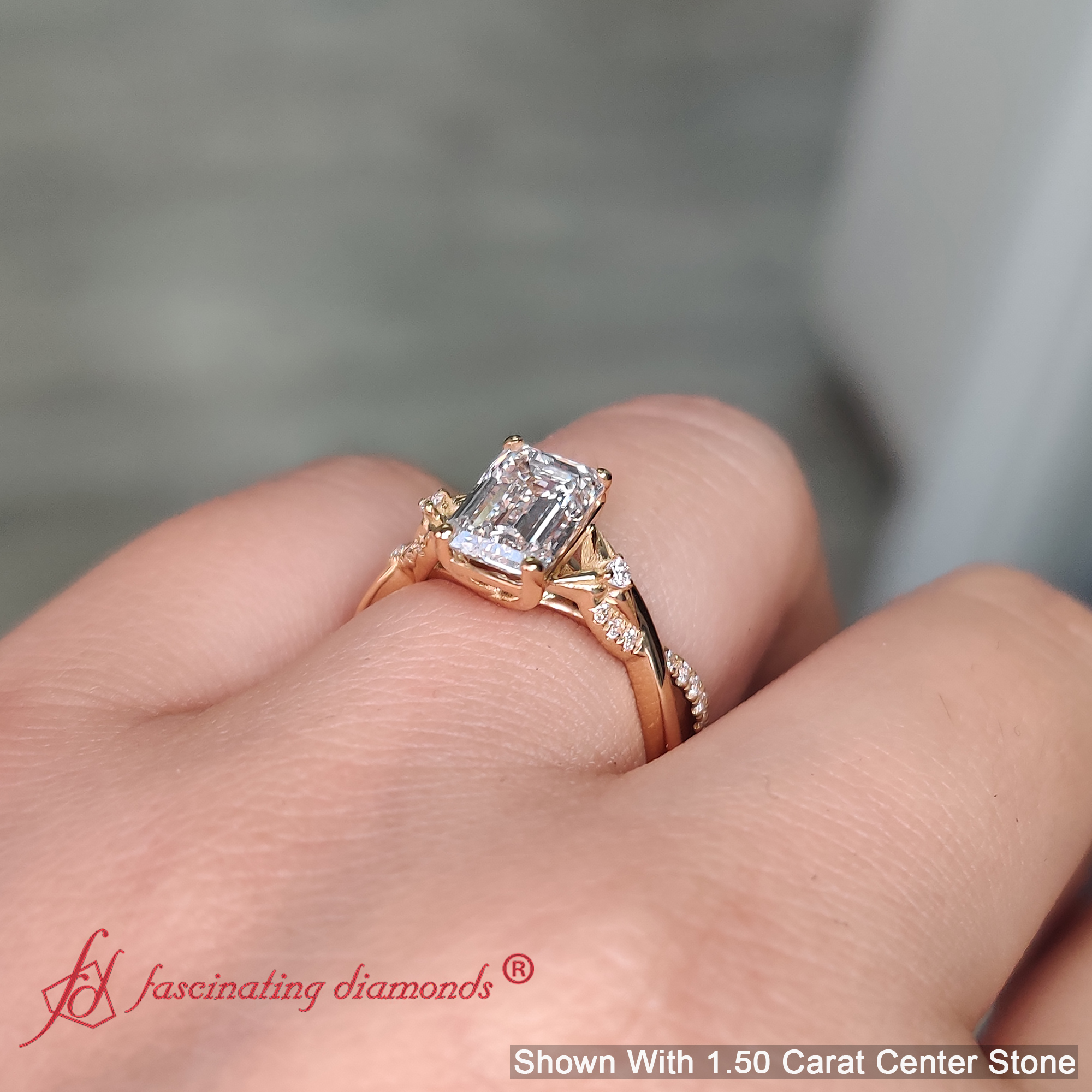 Infinity Style Emerald Cut Wedding Lab Diamond Ring with 18K Yellow Gold White Diamond