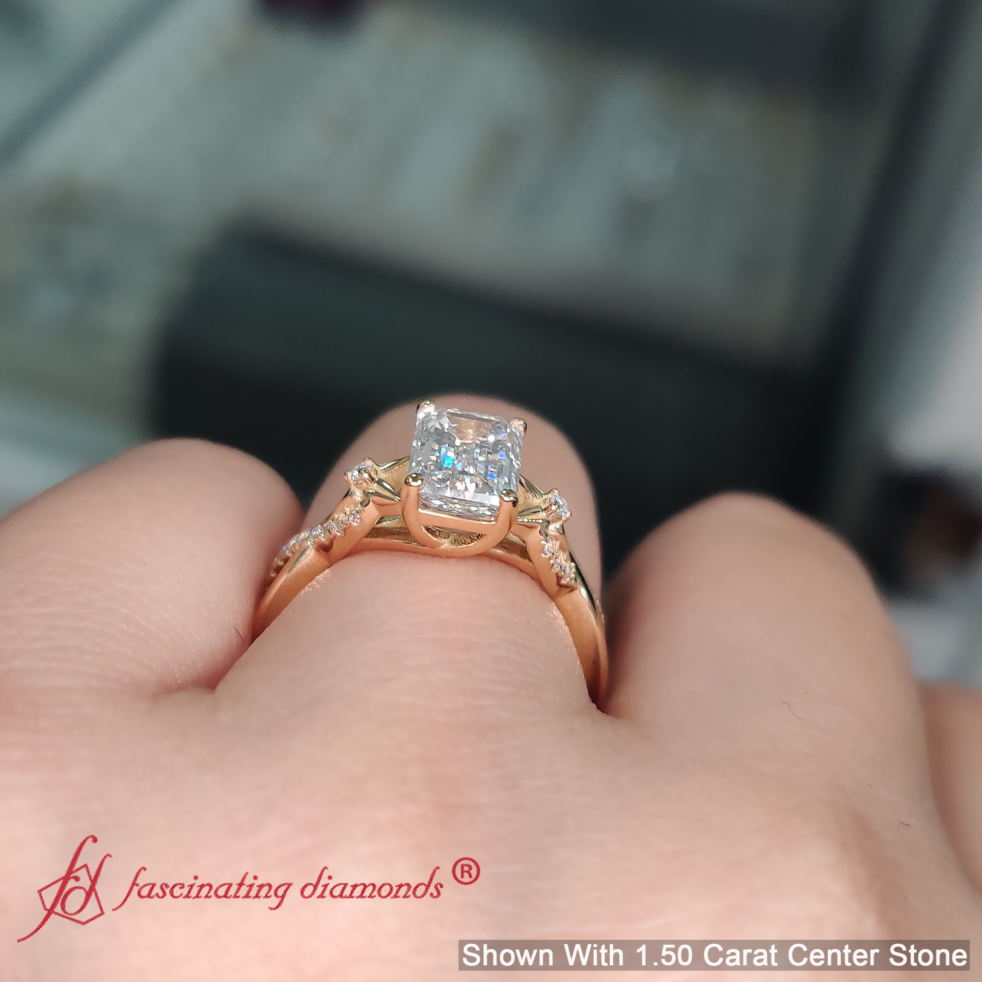 Infinity Style Emerald Cut Wedding Lab Diamond Ring with 18K Yellow Gold White Diamond