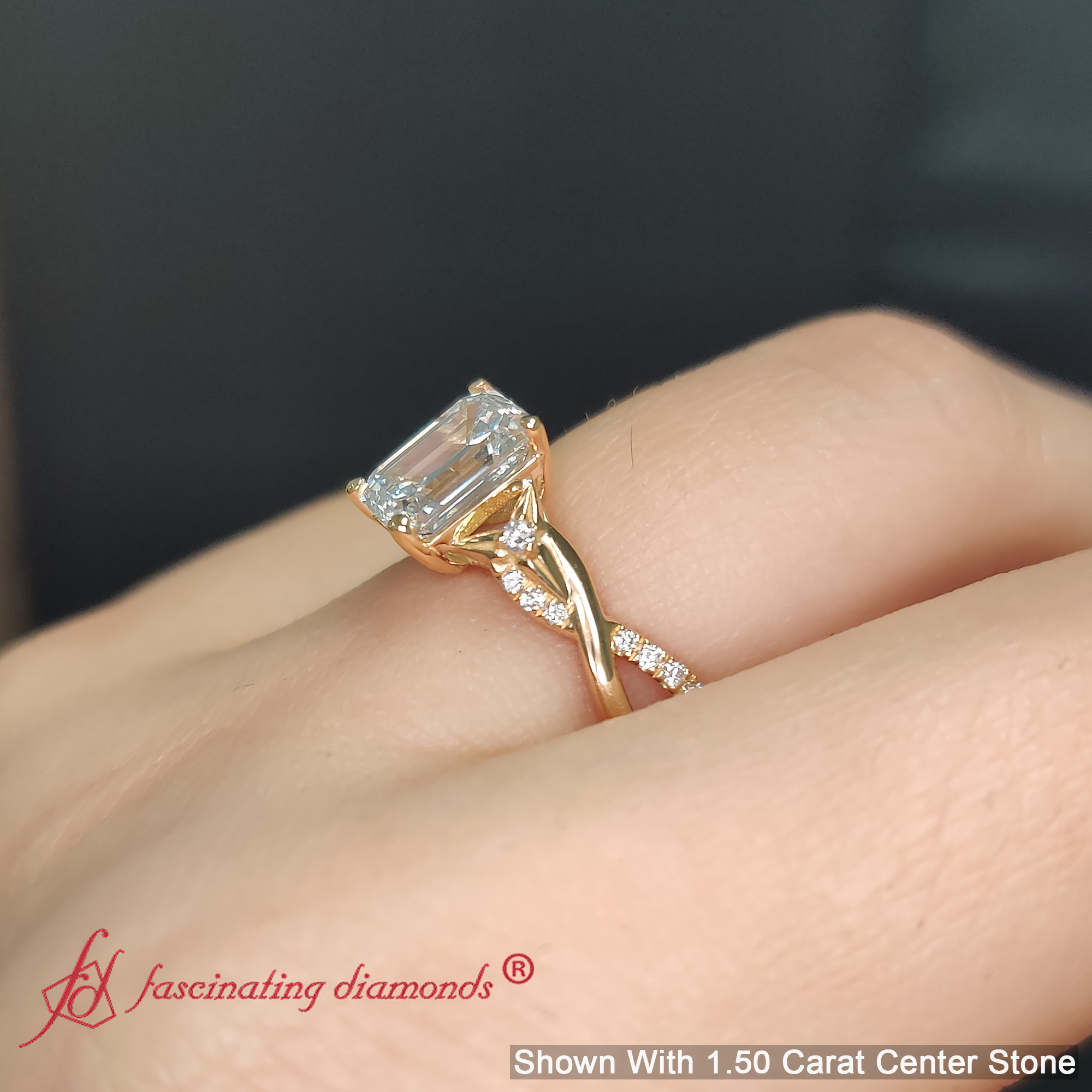 Infinity Style Emerald Cut Wedding Lab Diamond Ring with 18K Yellow Gold White Diamond