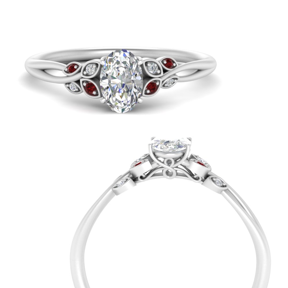 oval shaped leaf delicate ruby engagement ring in FD9987OVRGRUDRANGLE3 NL WG