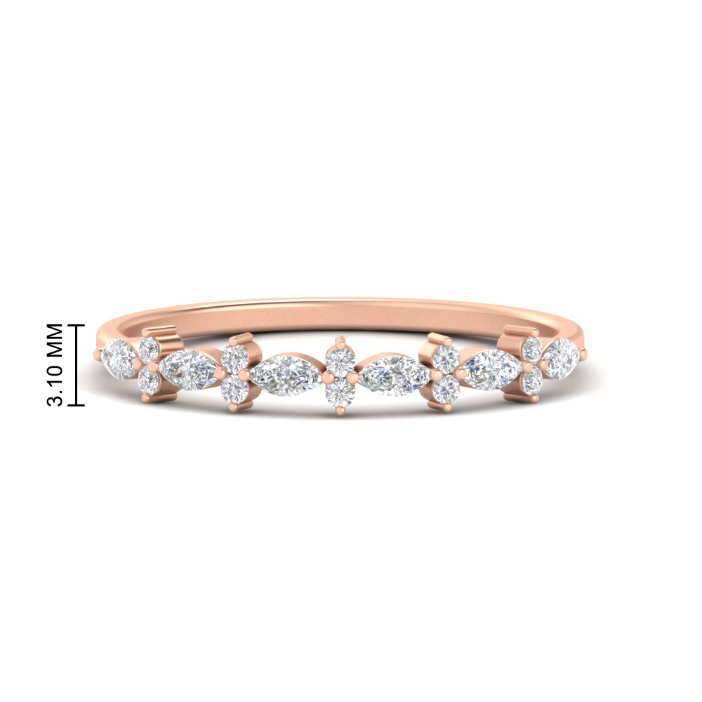 Delicate Marquise And Round Stack Band with 14K Rose Gold White Diamond