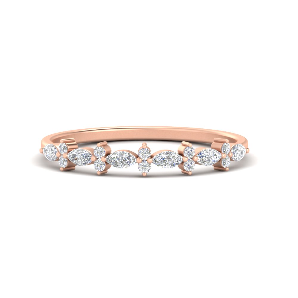 Delicate Marquise And Round Stack Band with 14K Rose Gold White Diamond