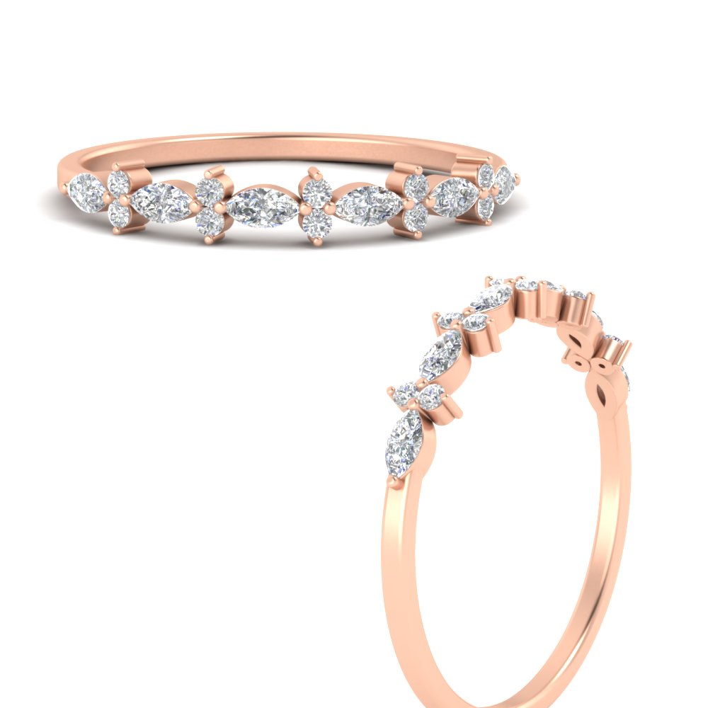 Delicate Marquise And Round Stack Band with 14K Rose Gold White Diamond