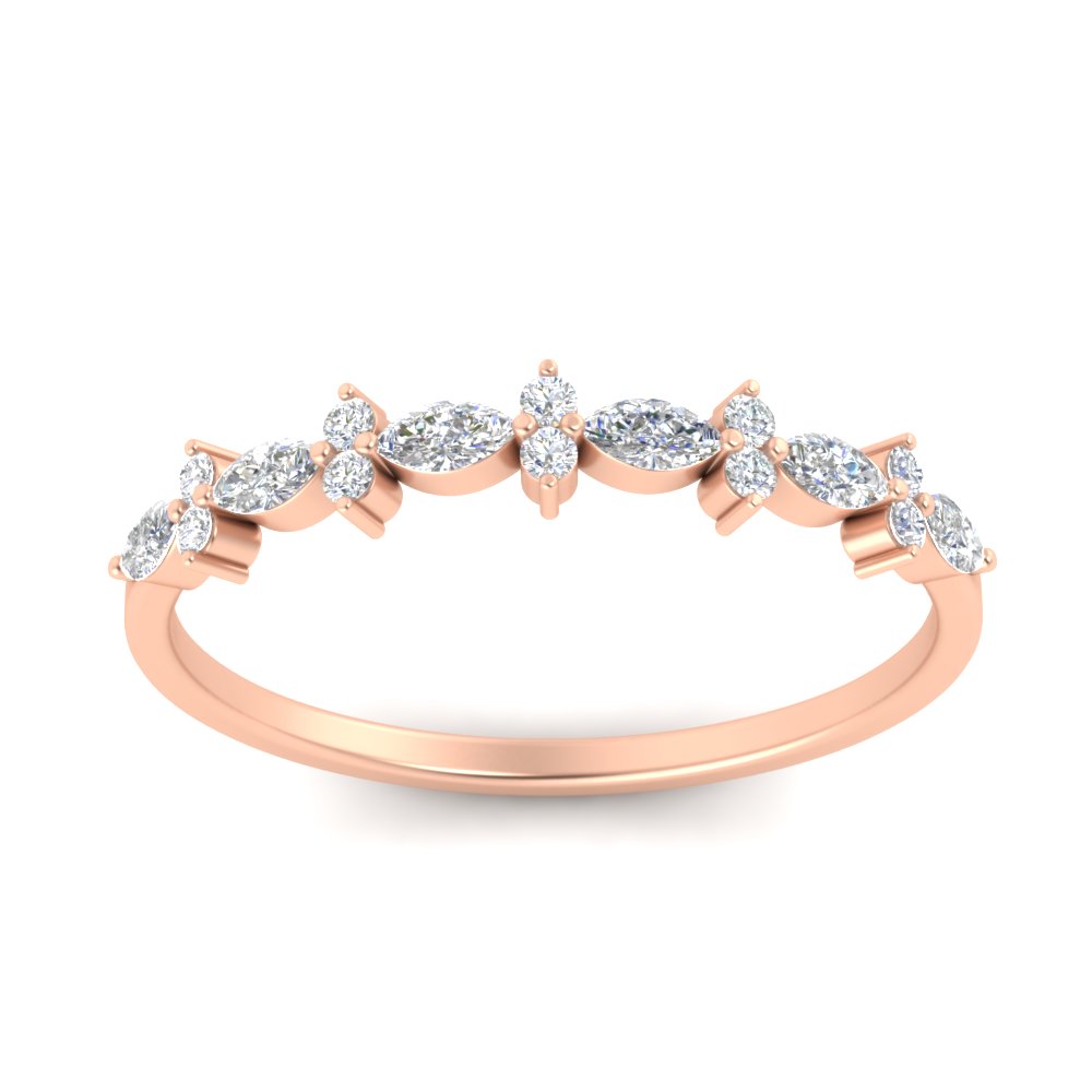 Delicate Marquise And Round Stack Band with 14K Rose Gold White Diamond