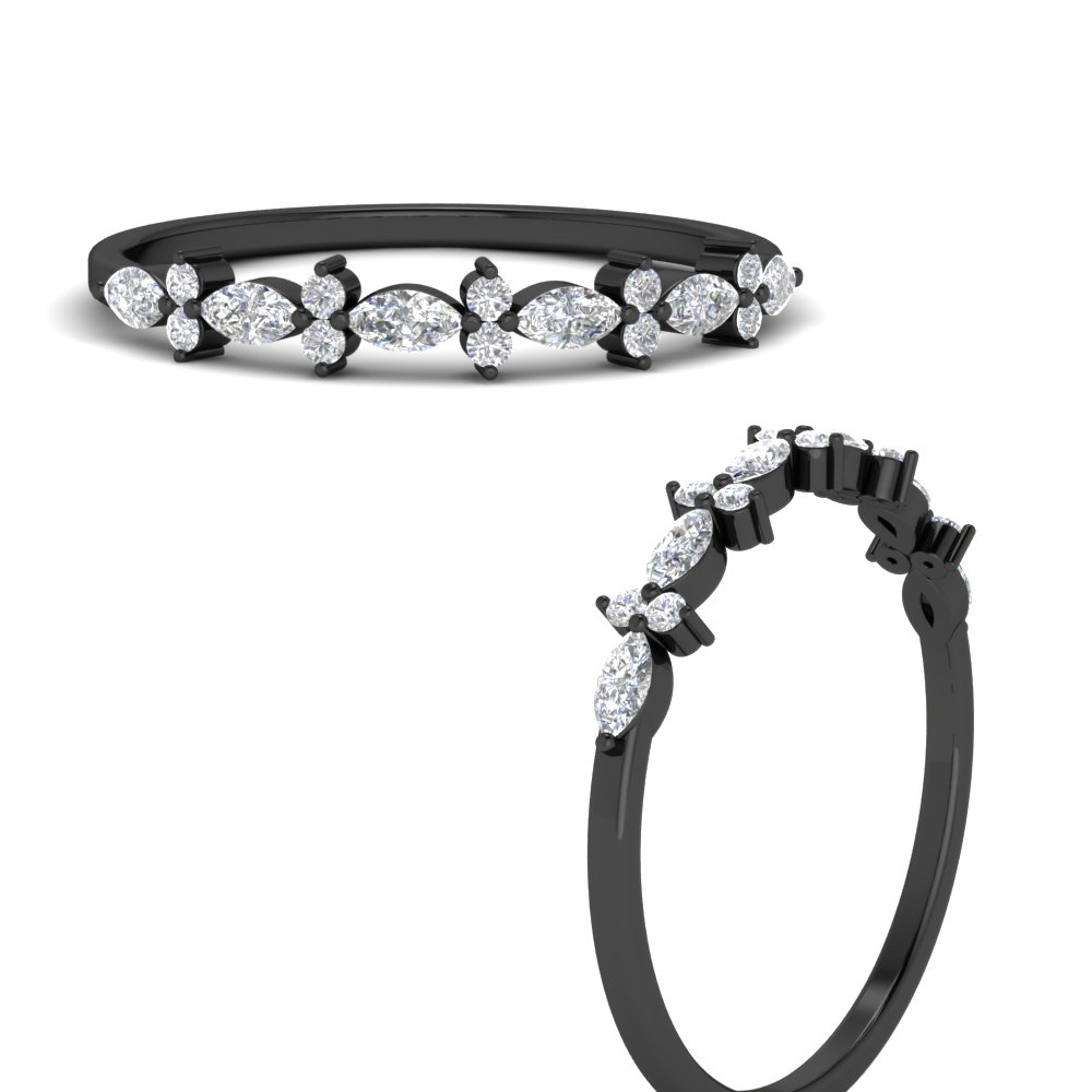 Delicate Marquise And Round Stack Black Band with 14K Black Gold White Diamond