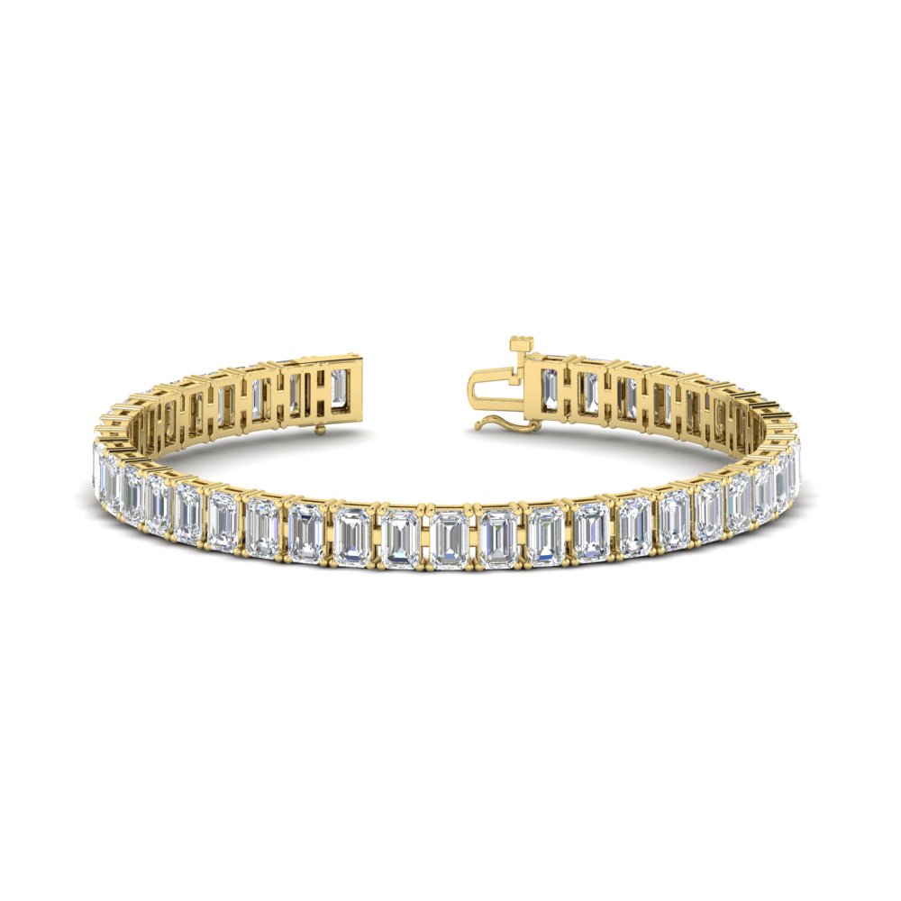 Tennis Bracelet Basket Set Emerald Cut 20 Carat with 14K Yellow Gold White Diamond