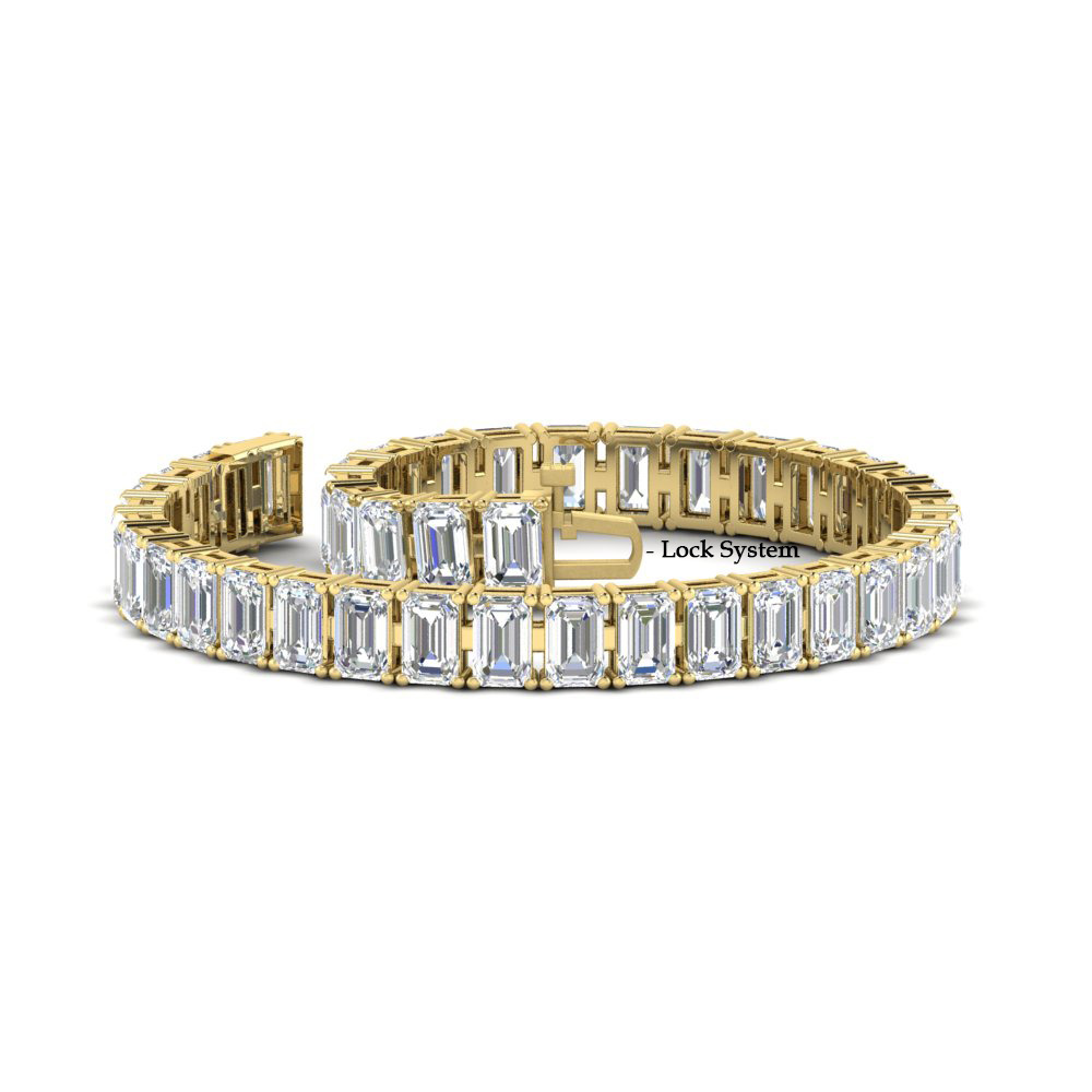 Tennis Bracelet Basket Set Emerald Cut 20 Carat with 14K Yellow Gold White Diamond