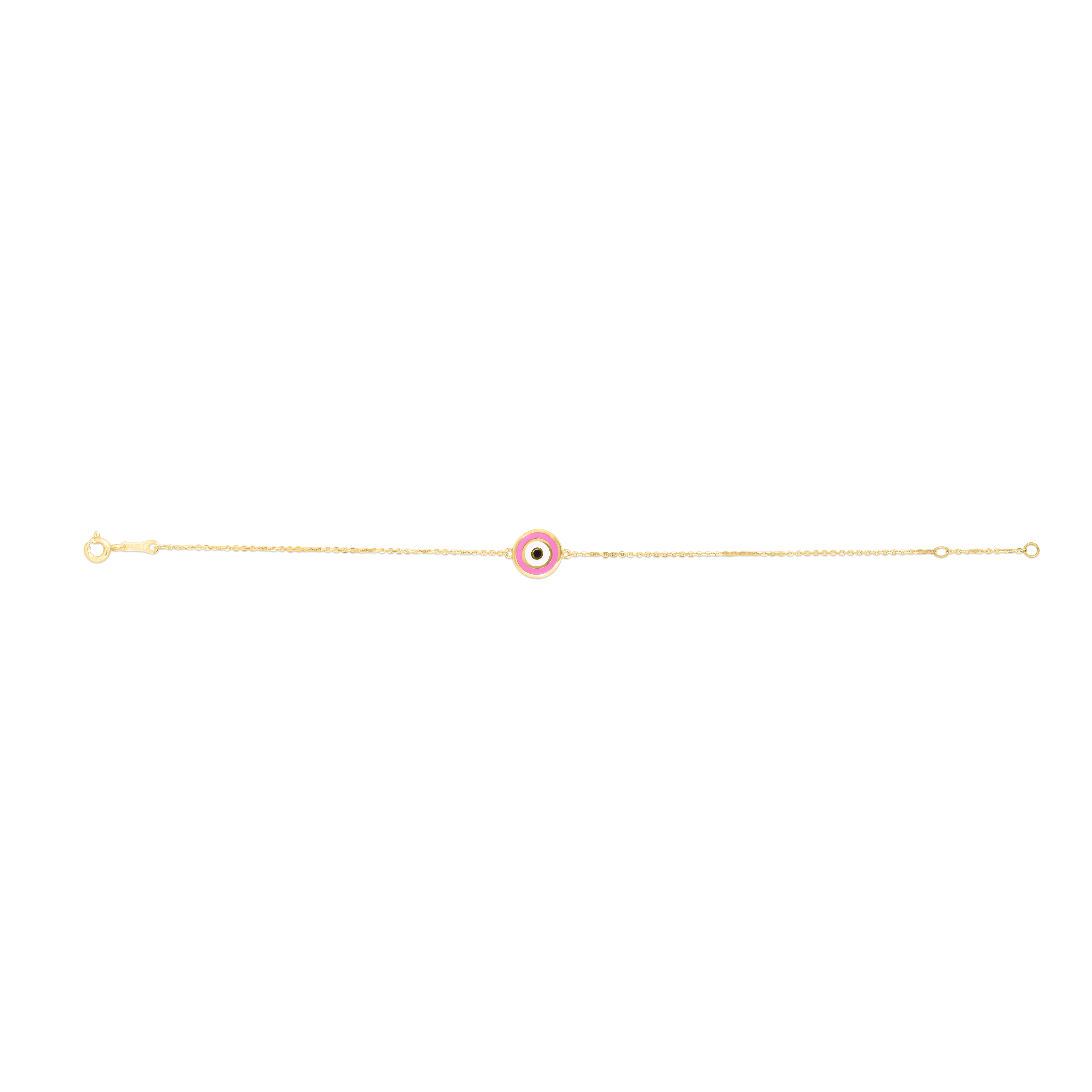 7 Inch Round Pink Enamel Evil Eye Bracelet with White Diamond in 14K Yellow Gold