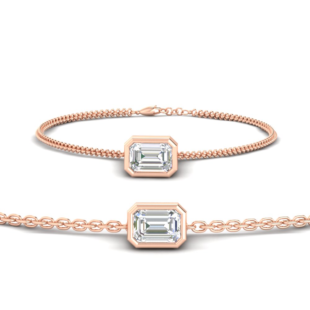 3 Carat Bezel Set Lab Emerald Chain Bracelet with 14K Rose Gold White Diamond