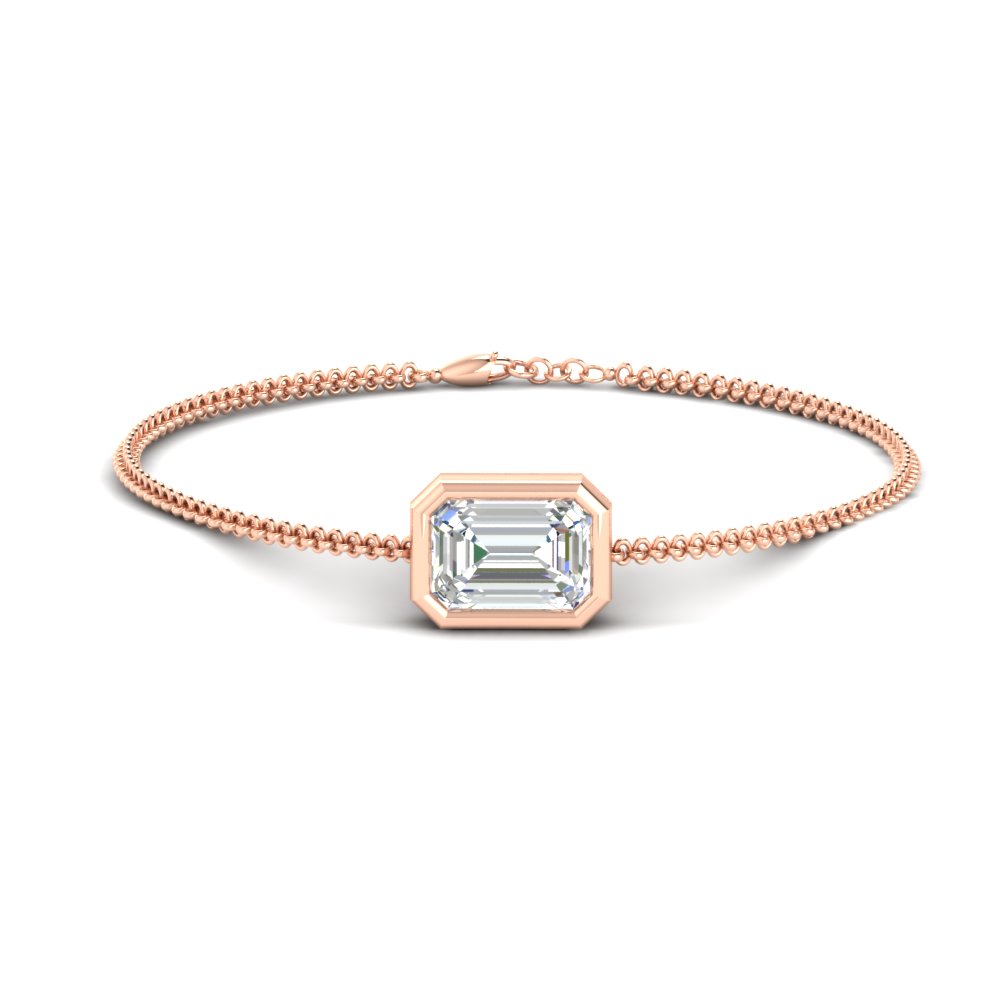 3 Carat Bezel Set Lab Emerald Chain Bracelet with 14K Rose Gold White Diamond