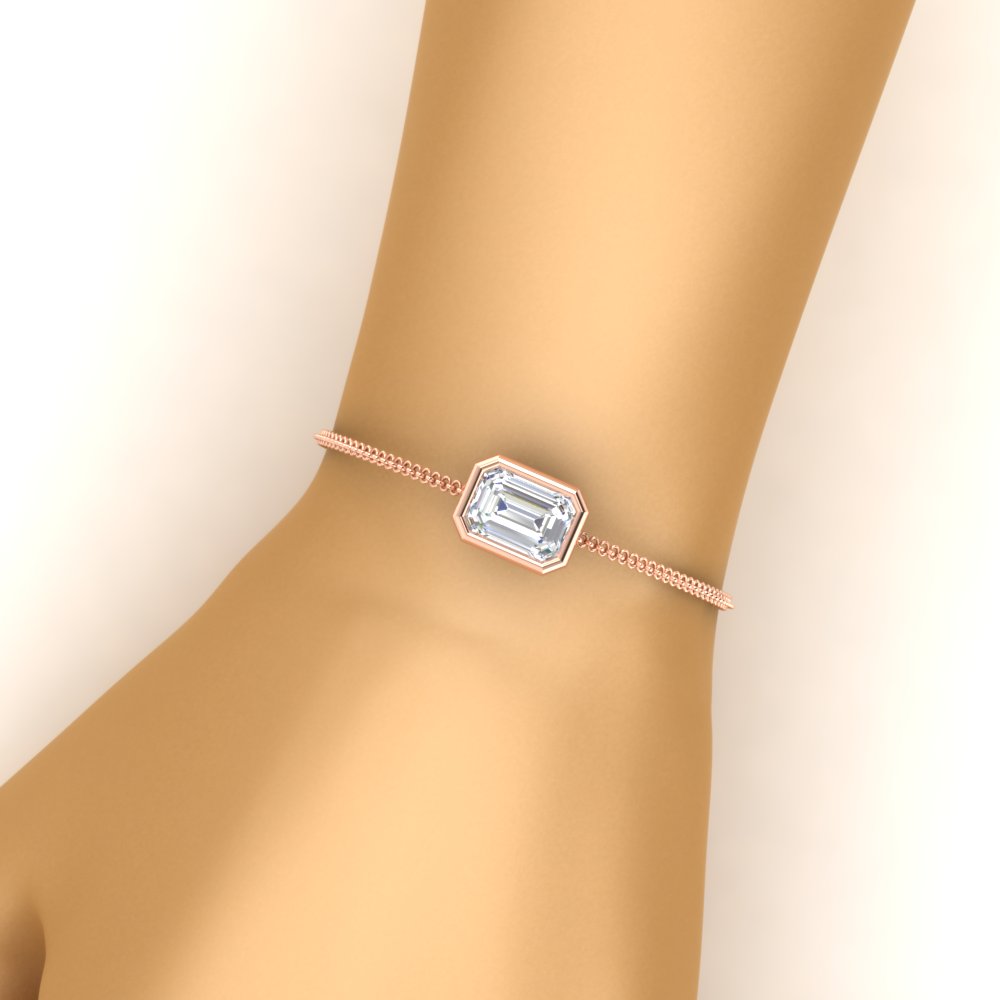 3 Carat Bezel Set Lab Emerald Chain Bracelet with 14K Rose Gold White Diamond