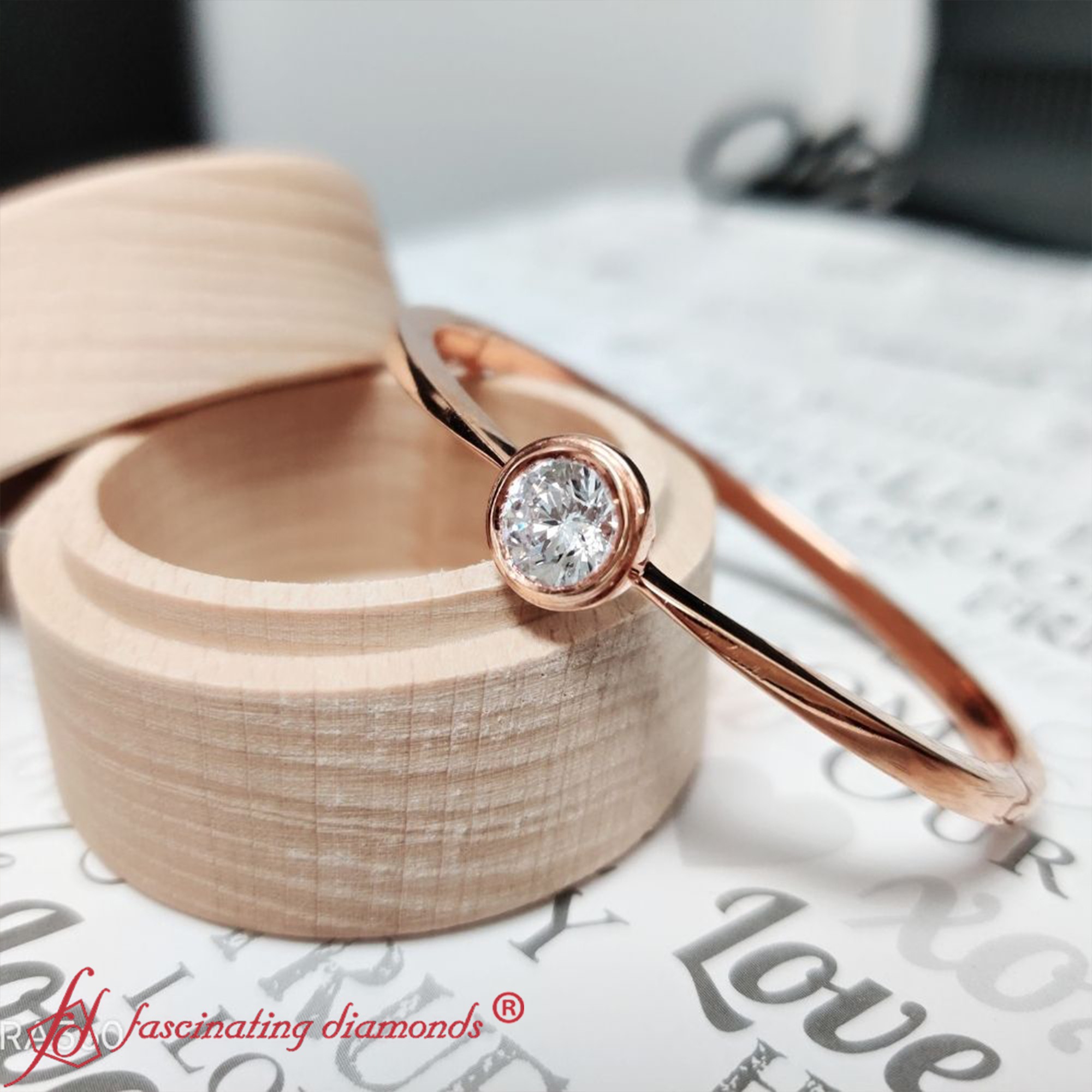 Bezel Set Bangle Bracelet with 14K Rose Gold White Diamond