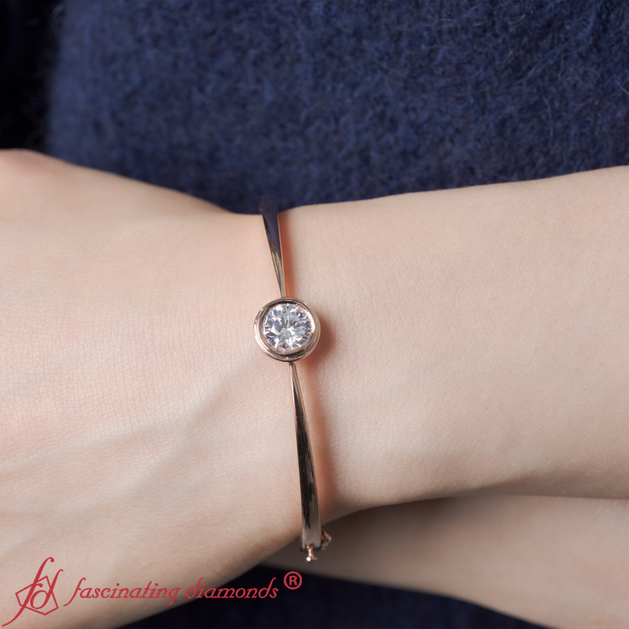 Bezel Set Bangle Bracelet with 14K Rose Gold White Diamond