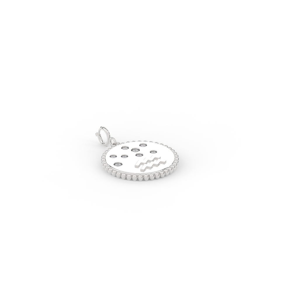 Aquarius Zodiac Talisman Disc Charm with 14K White Gold White Diamond