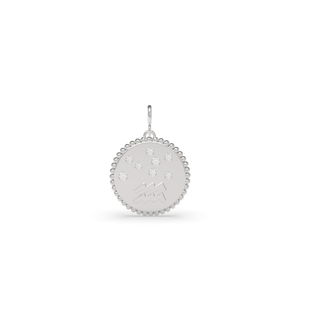 Aquarius Zodiac Talisman Disc Charm with 14K White Gold White Diamond