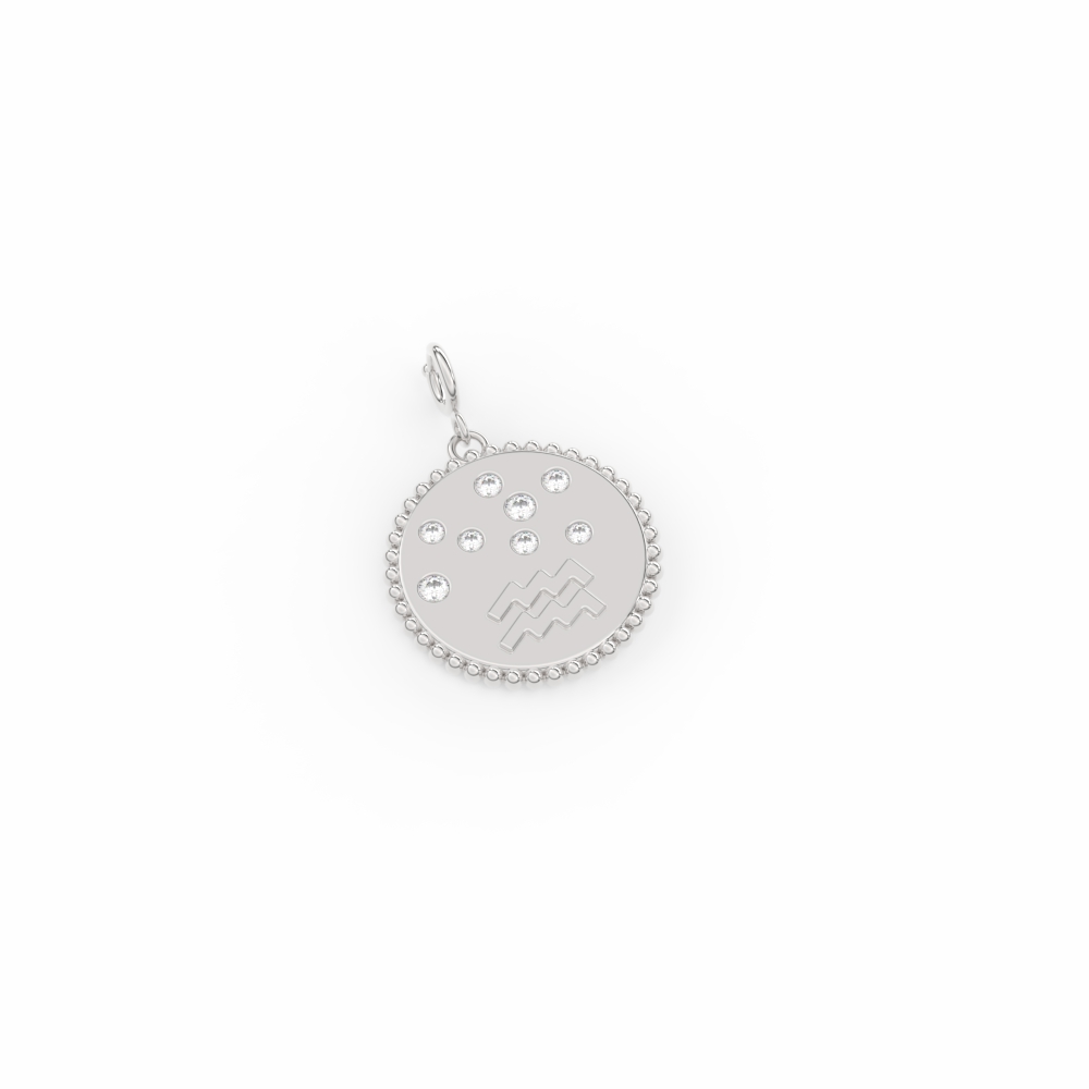 Aquarius Zodiac Talisman Disc Charm with 14K White Gold White Diamond
