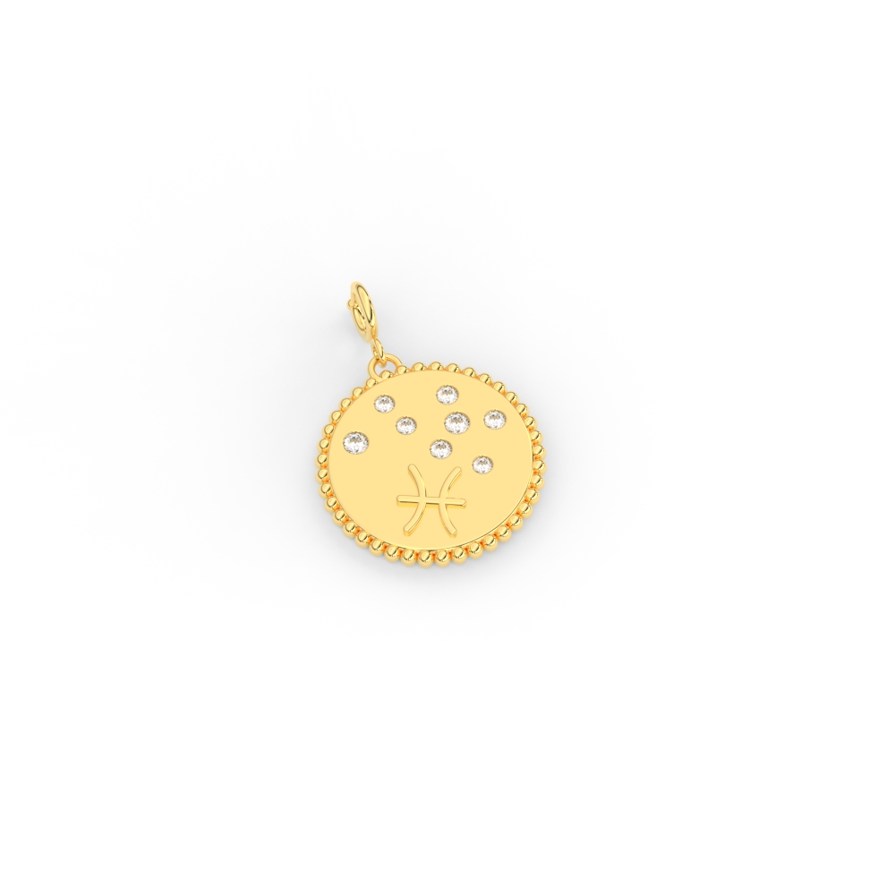 Zodiac Pisces Diamond Disc Charm with 14K Yellow Gold White Diamond