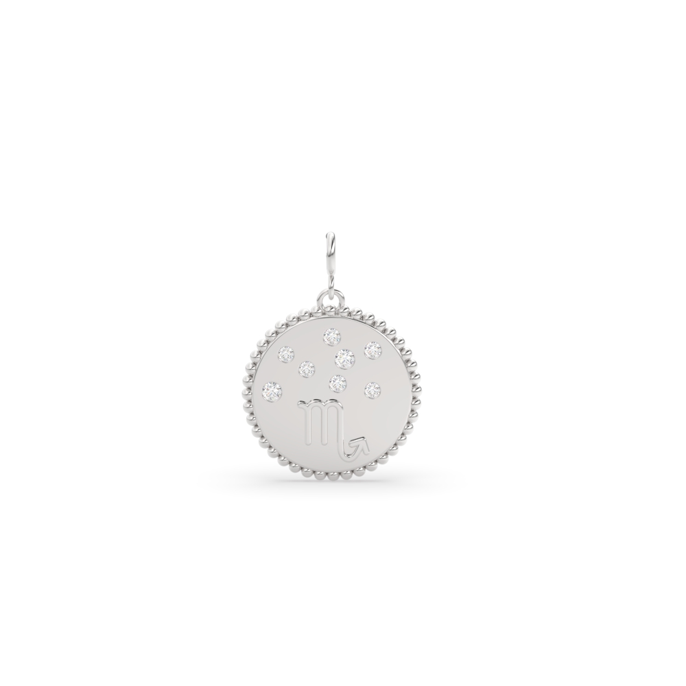 Scorpio Zodiac Disc Charm with 14K White Gold White Diamond
