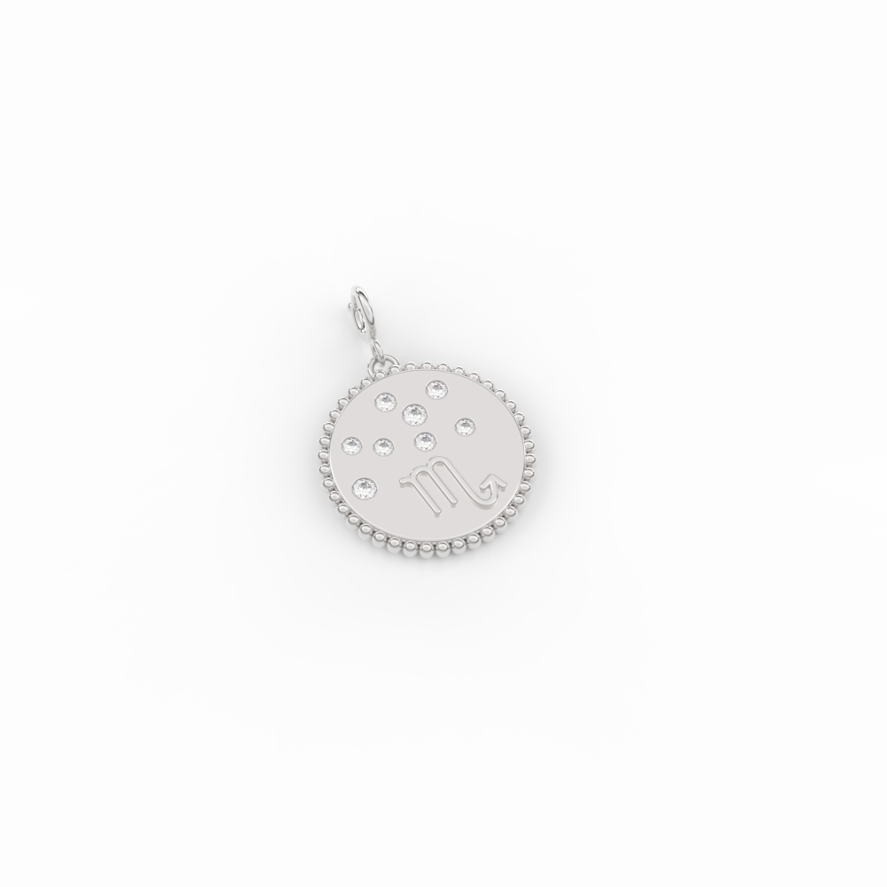 Scorpio Zodiac Disc Charm with 14K White Gold White Diamond