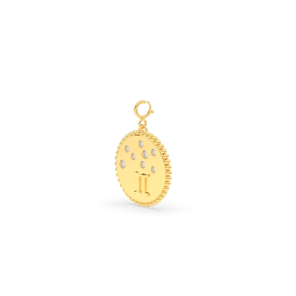 Gemini Zodiac Disc Diamond Charm with 14K Yellow Gold White Diamond