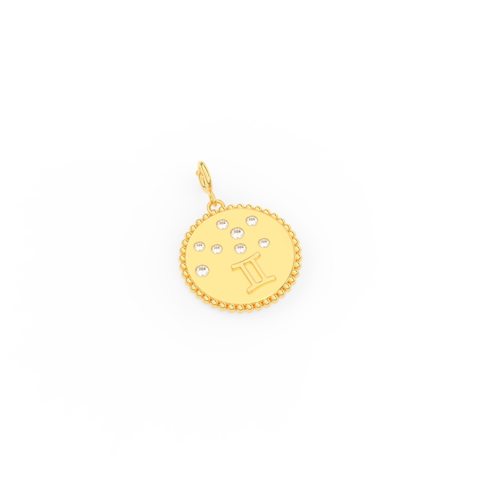 Gemini Zodiac Disc Diamond Charm with 14K Yellow Gold White Diamond