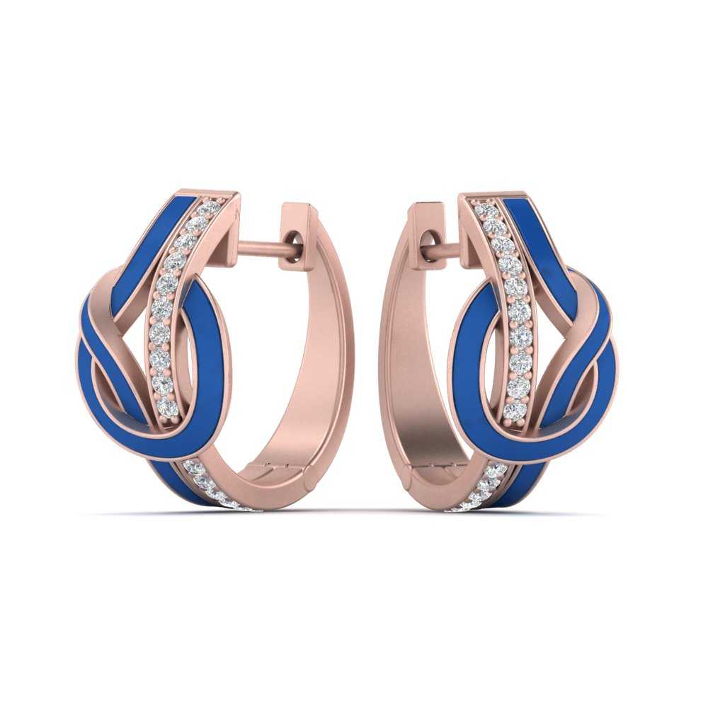 Blue Enamel and Diamond Knot Hoops with 14K Rose Gold White Diamond
