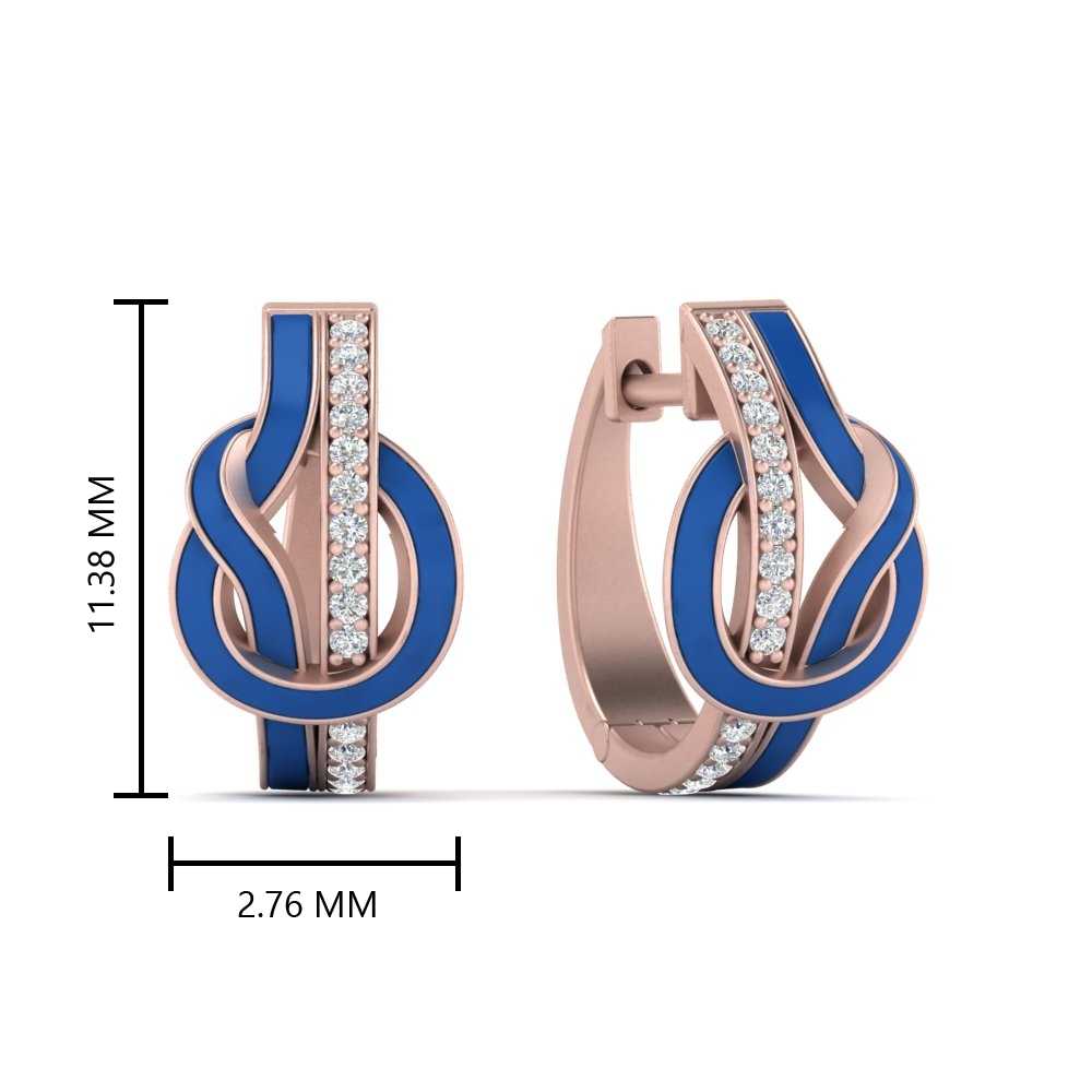 Blue Enamel and Diamond Knot Hoops with 14K Rose Gold White Diamond