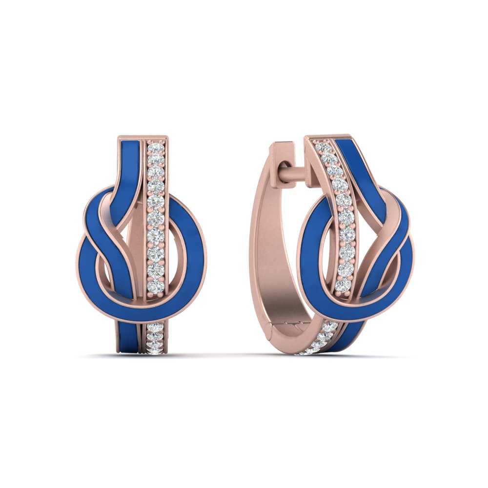 Blue Enamel and Diamond Knot Hoops with 14K Rose Gold White Diamond