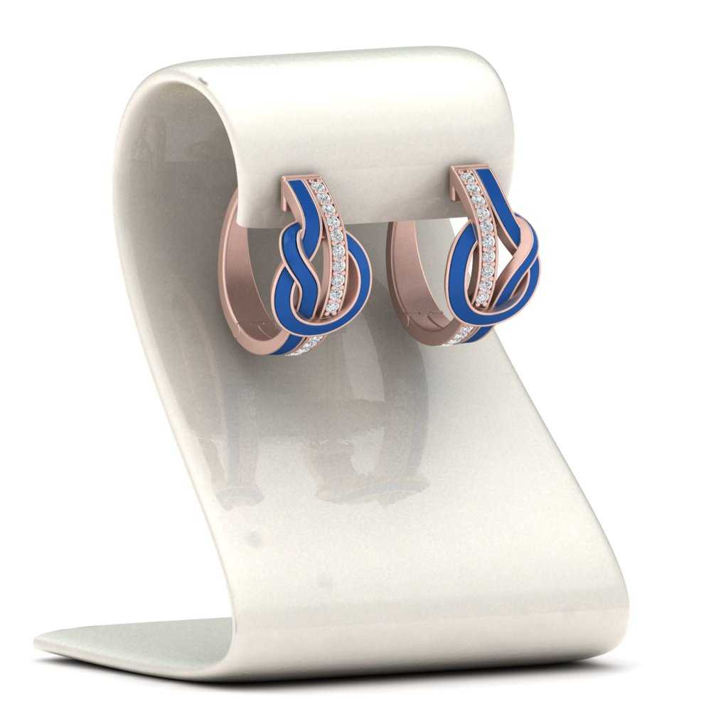 Blue Enamel and Diamond Knot Hoops with 14K Rose Gold White Diamond