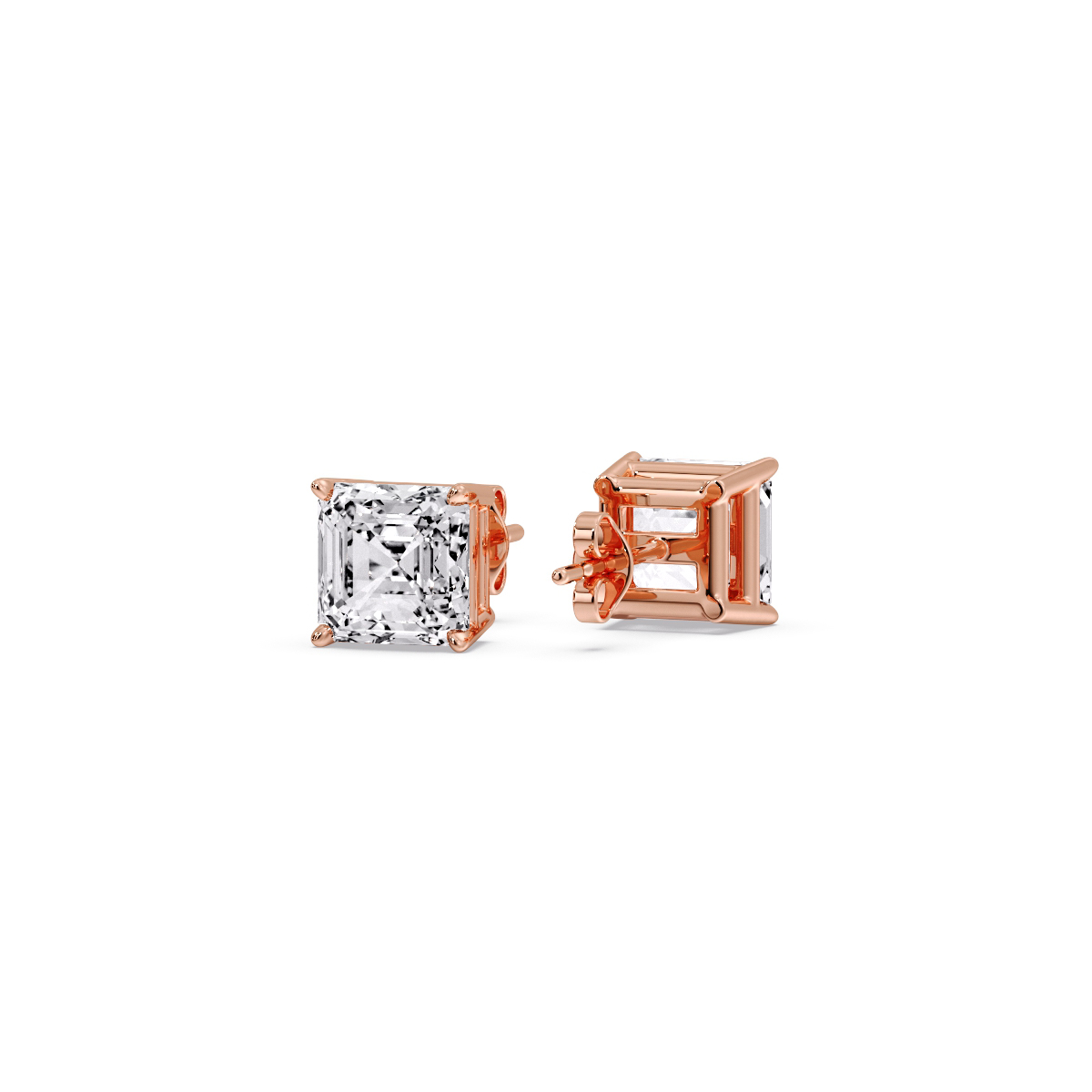 One Carat Asscher Diamond Stud Earring with 14K Rose Gold White Diamond