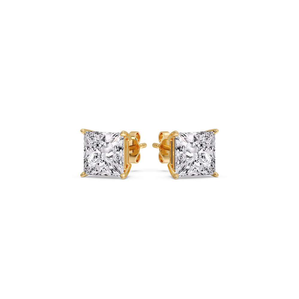 1 Carat Princess Cut Diamond Basket Stud Earring with 14K Yellow Gold White Diamond