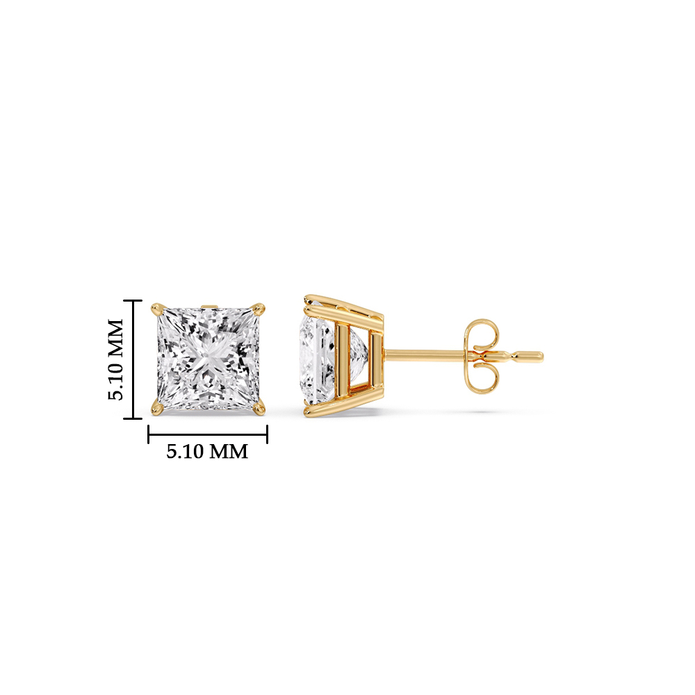 1 Carat Princess Cut Diamond Basket Stud Earring with 14K Yellow Gold White Diamond