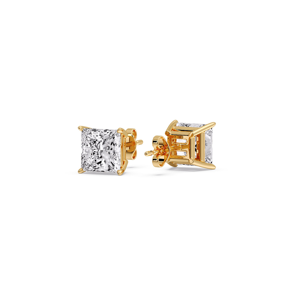 1 Carat Princess Cut Diamond Basket Stud Earring with 14K Yellow Gold White Diamond
