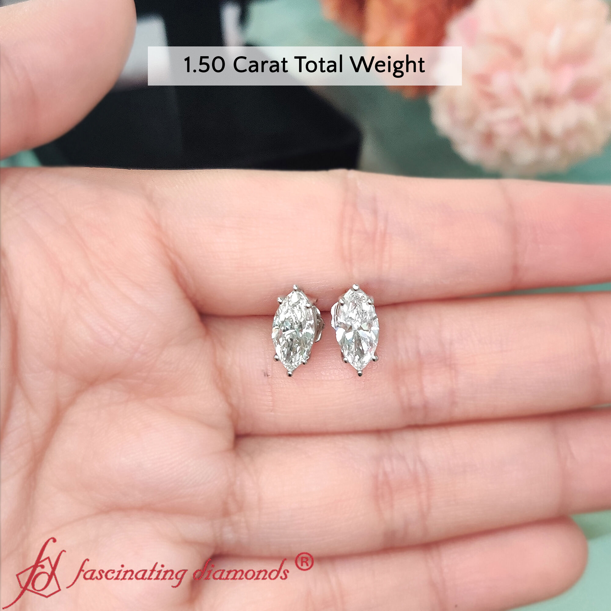 1.50 Carat Marquise Diamond 6 Prong Stud Earrings with 14K White Gold White Diamond