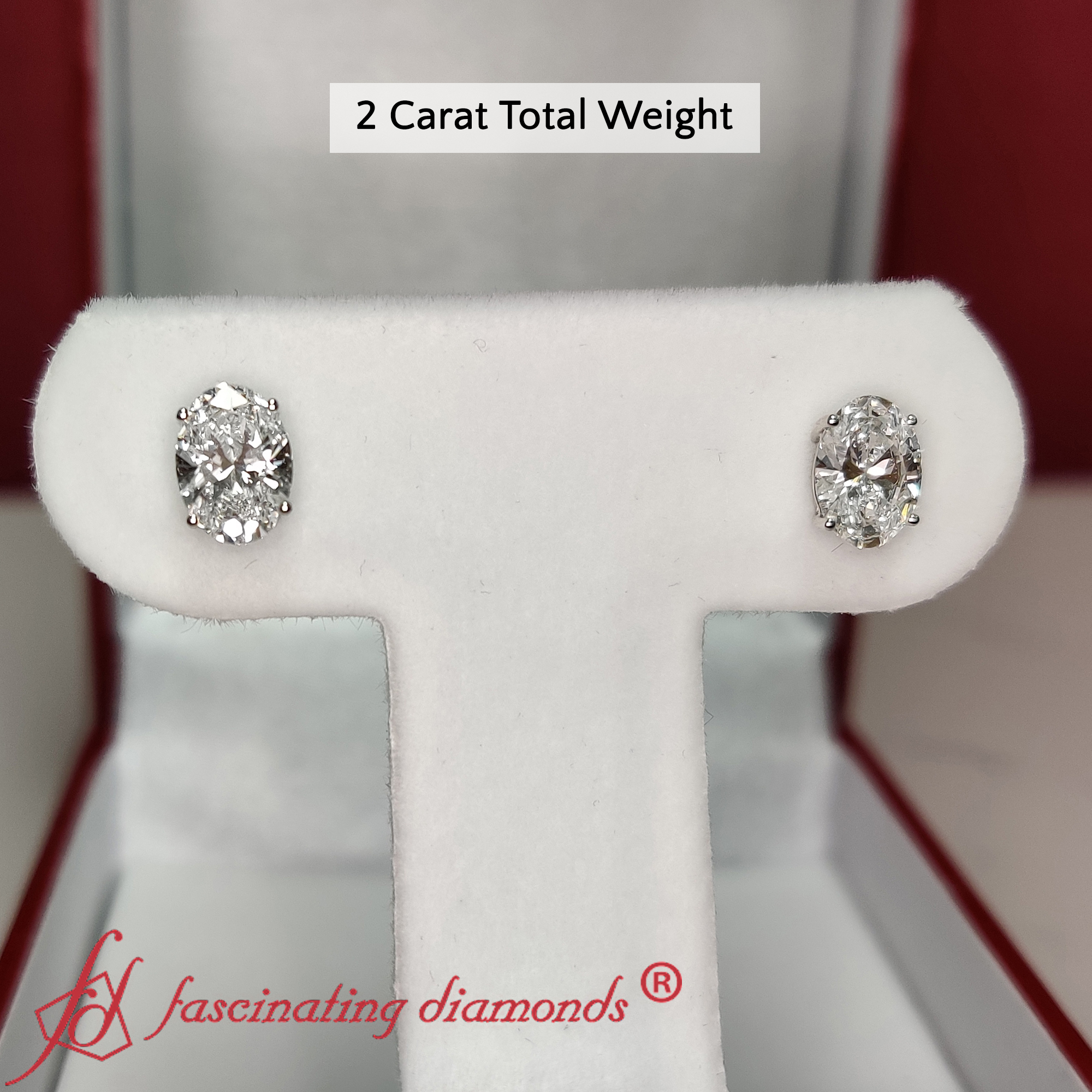 2 Carat Oval Shaped Basket Stud Earring with 14K White Gold White Diamond