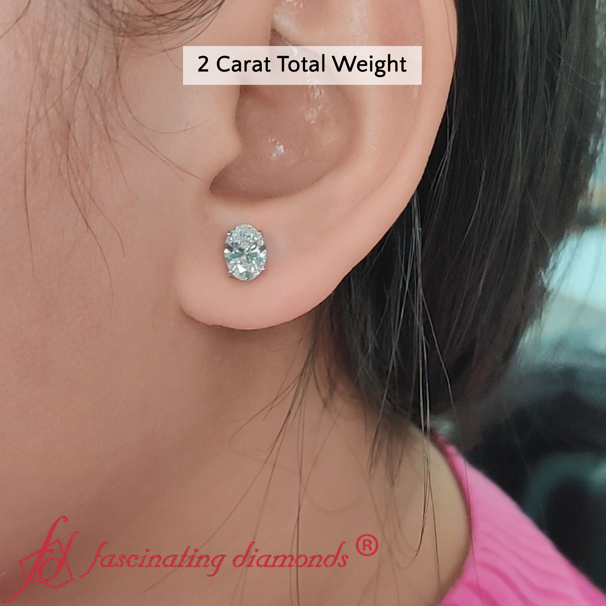 2 Carat Oval Shaped Basket Stud Earring with 14K White Gold White Diamond