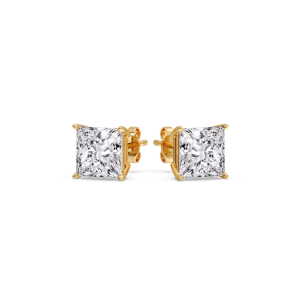 2 Carat Basket Stud Earring Diamond Princess Cut with 14K Yellow Gold White Diamond