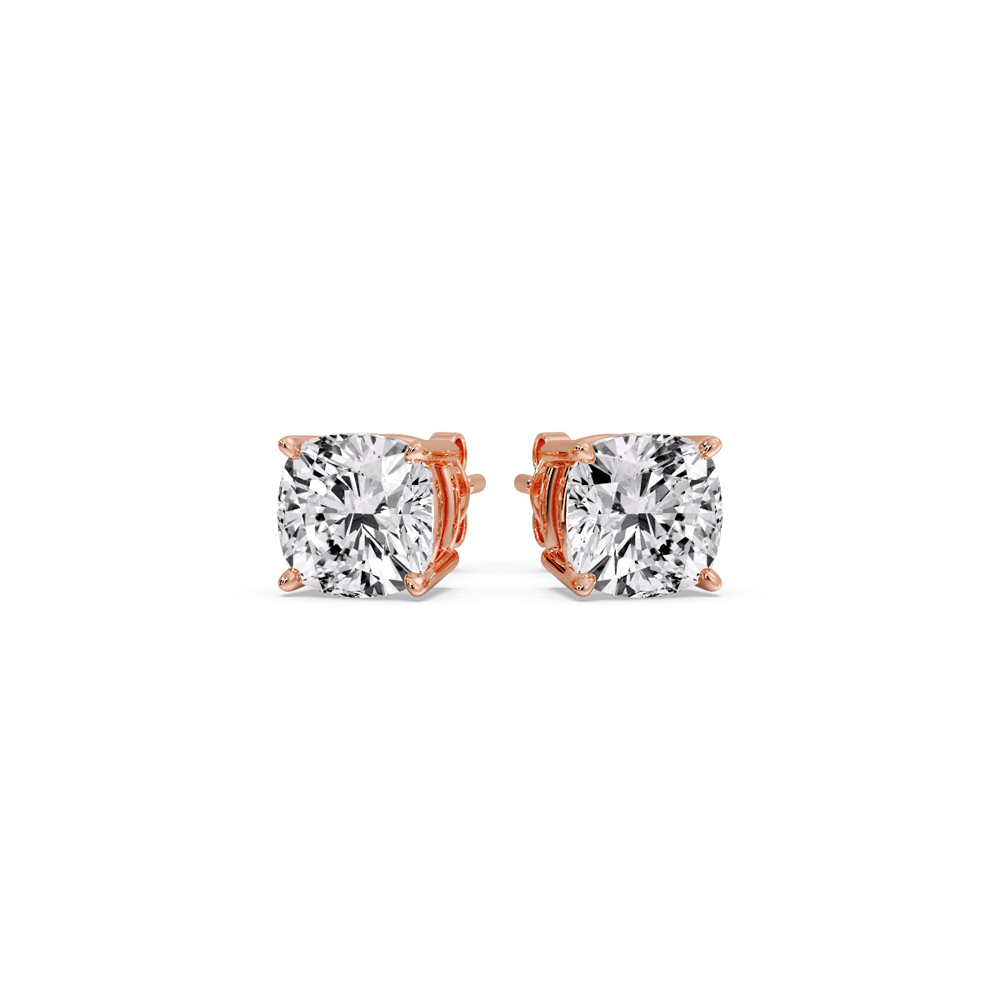 2 Carat Cushion Cut Diamond Basket Stud Earring with 14K Rose Gold White Diamond