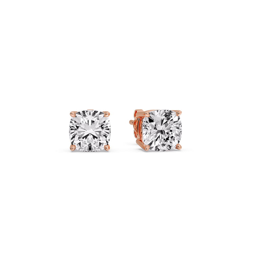2 Carat Cushion Cut Diamond Basket Stud Earring with 14K Rose Gold White Diamond