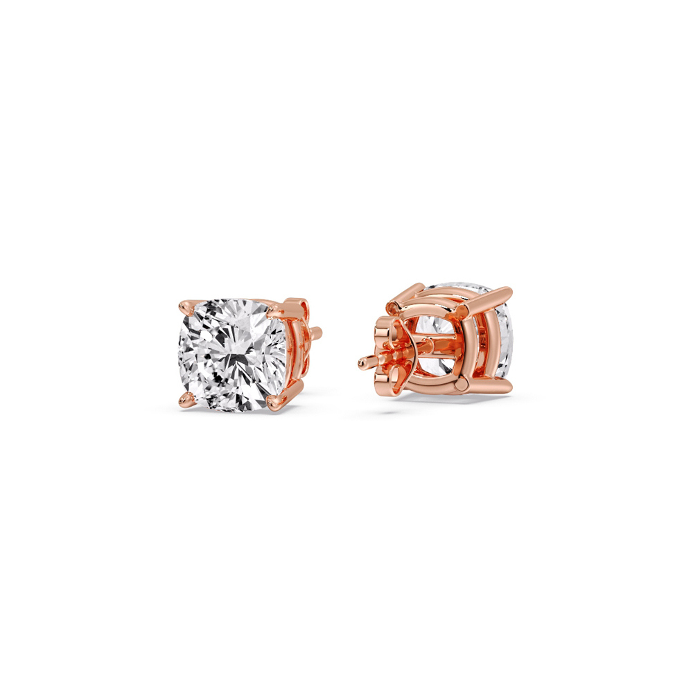 2 Carat Cushion Cut Diamond Basket Stud Earring with 14K Rose Gold White Diamond